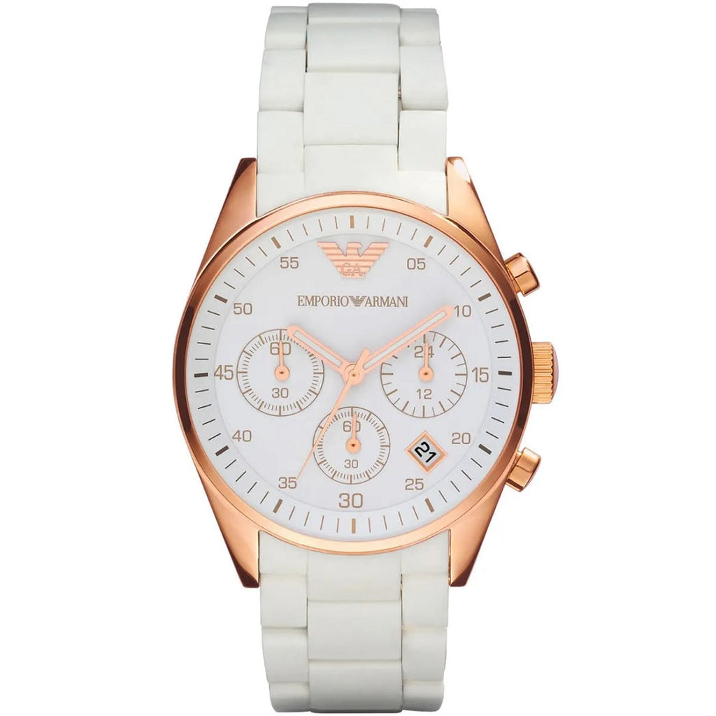 Emporio Armani AR5920 Sportivo watch front view with white silicone strap and rose gold case
