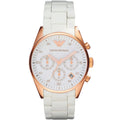 Emporio Armani AR5920 Sportivo watch front view with white silicone strap and rose gold case