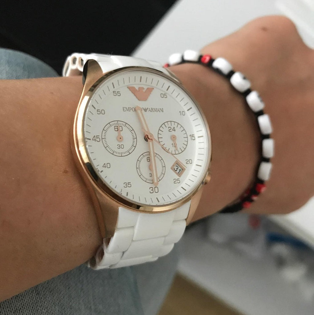 Emporio Armani AR5920 white silicone rose gold case watch on wrist