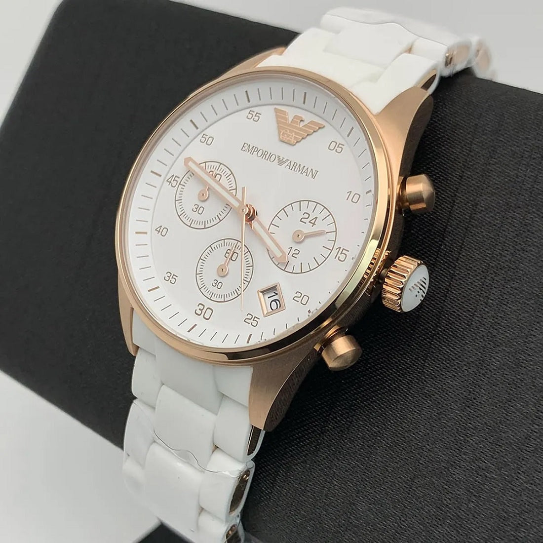Emporio Armani AR5920 watch on branded pillow