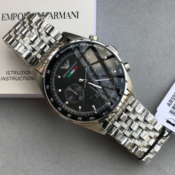 Emporio Armani AR5983 angled view with silver strap and black dial