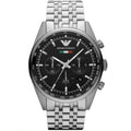 Emporio Armani AR5983 Tazio watch front view with black dial and silver strap