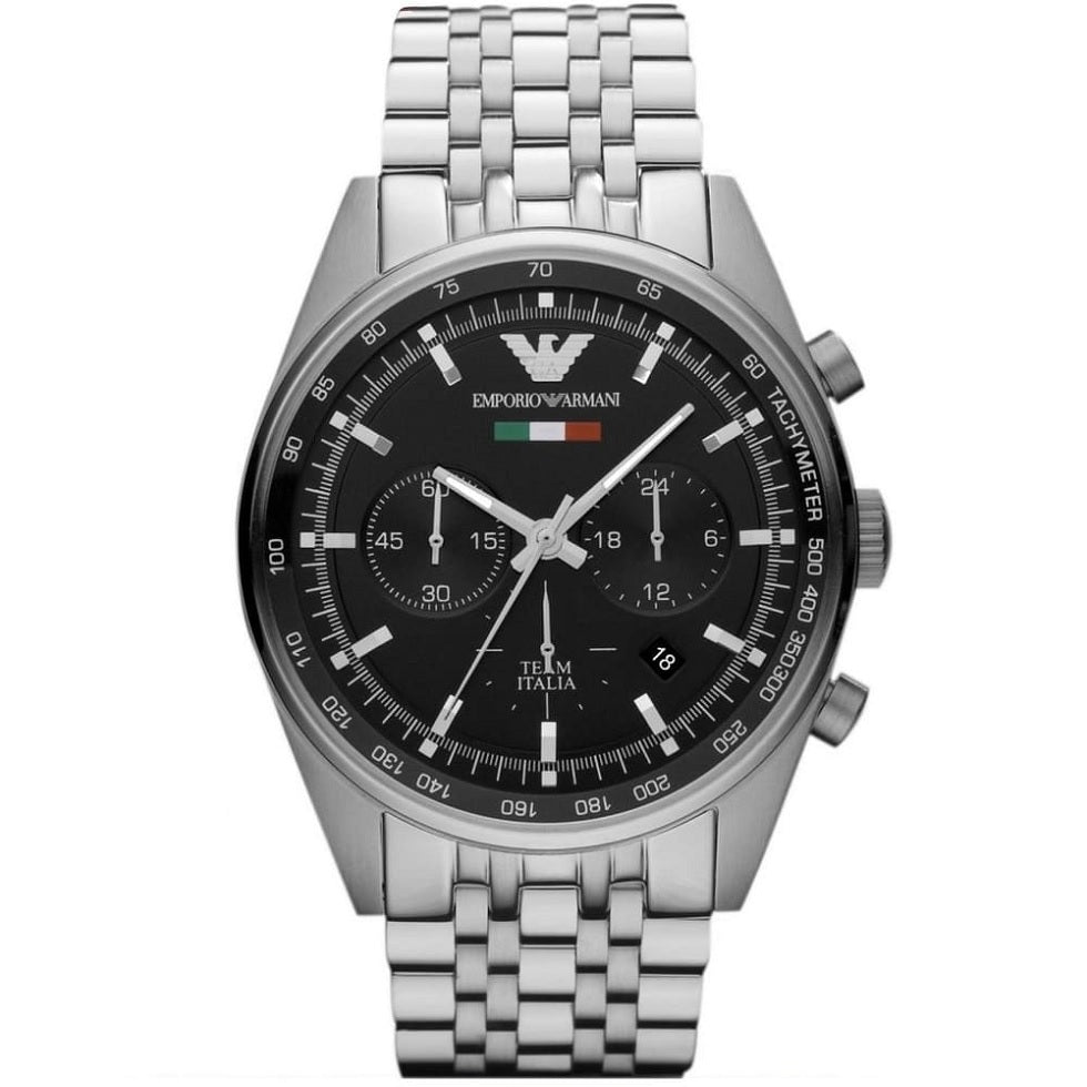 Emporio Armani AR5983 Tazio watch front view with black dial and silver strap