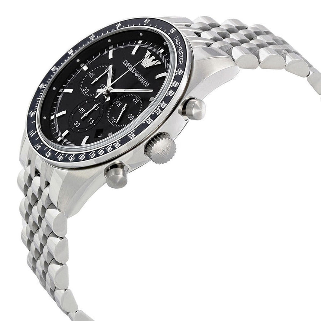Emporio Armani AR5988 angled view with silver strap and black dial