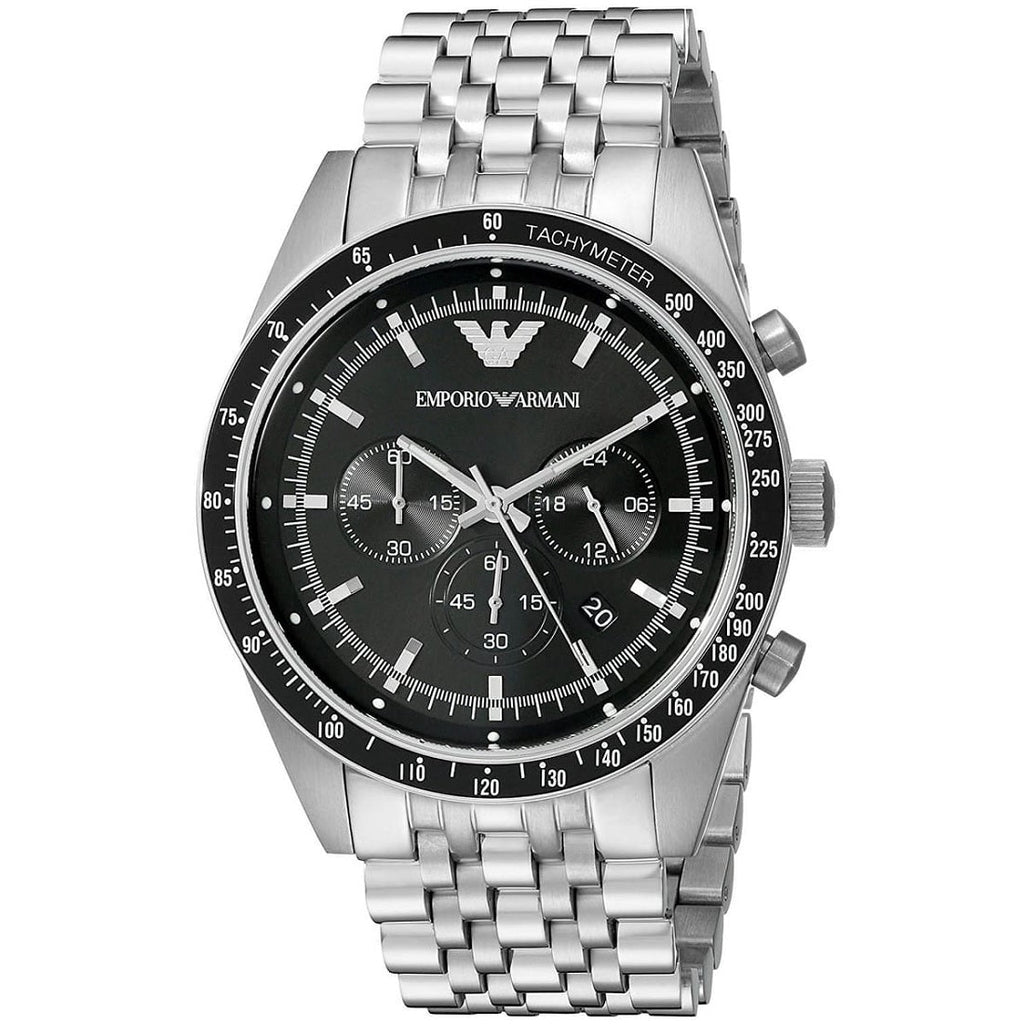 Emporio Armani AR5988 black dial close-up with silver strap