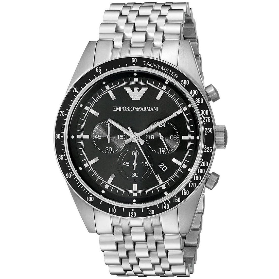 Emporio Armani AR5988 black dial close-up with silver strap