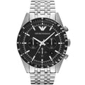 Emporio Armani AR5988 Tazio watch front view with black dial and silver strap