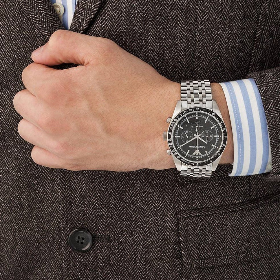 Emporio Armani AR5988 silver strap black dial watch on wrist