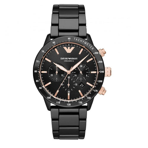 Emporio Armani AR70002 Mario black ceramic watch front view with black dial