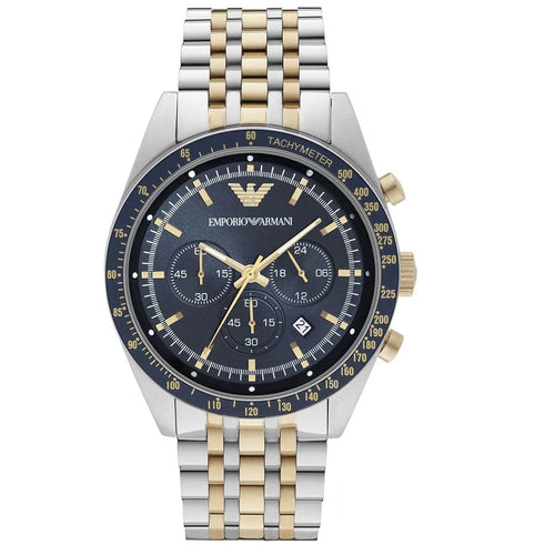 Emporio Armani AR8030 Tazio two-tone watch front view with blue dial