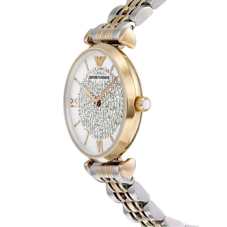 Emporio Armani AR8031 angled view with white pave crystal dial