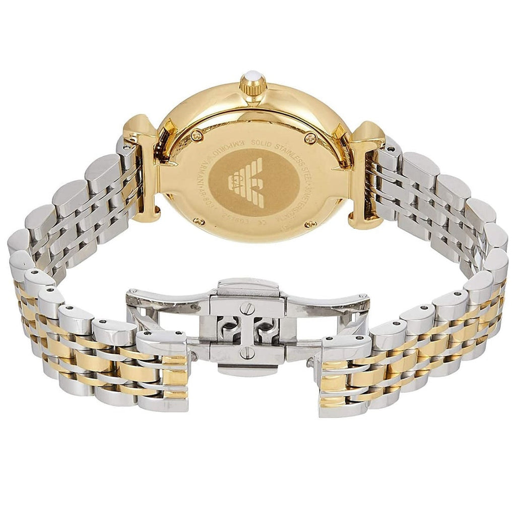 Emporio Armani AR8031 two-tone open strap watch caseback view