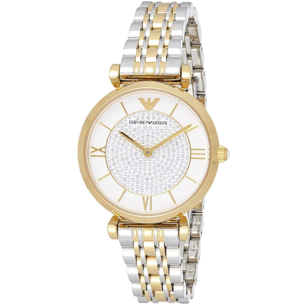 Emporio Armani AR8031 white pave crystal dial close-up