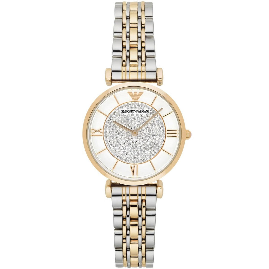 Emporio Armani AR8031 Gianni T-Bar two-tone watch front view with white crystal dial