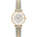Emporio Armani AR8031 Gianni T-Bar two-tone watch front view with white crystal dial