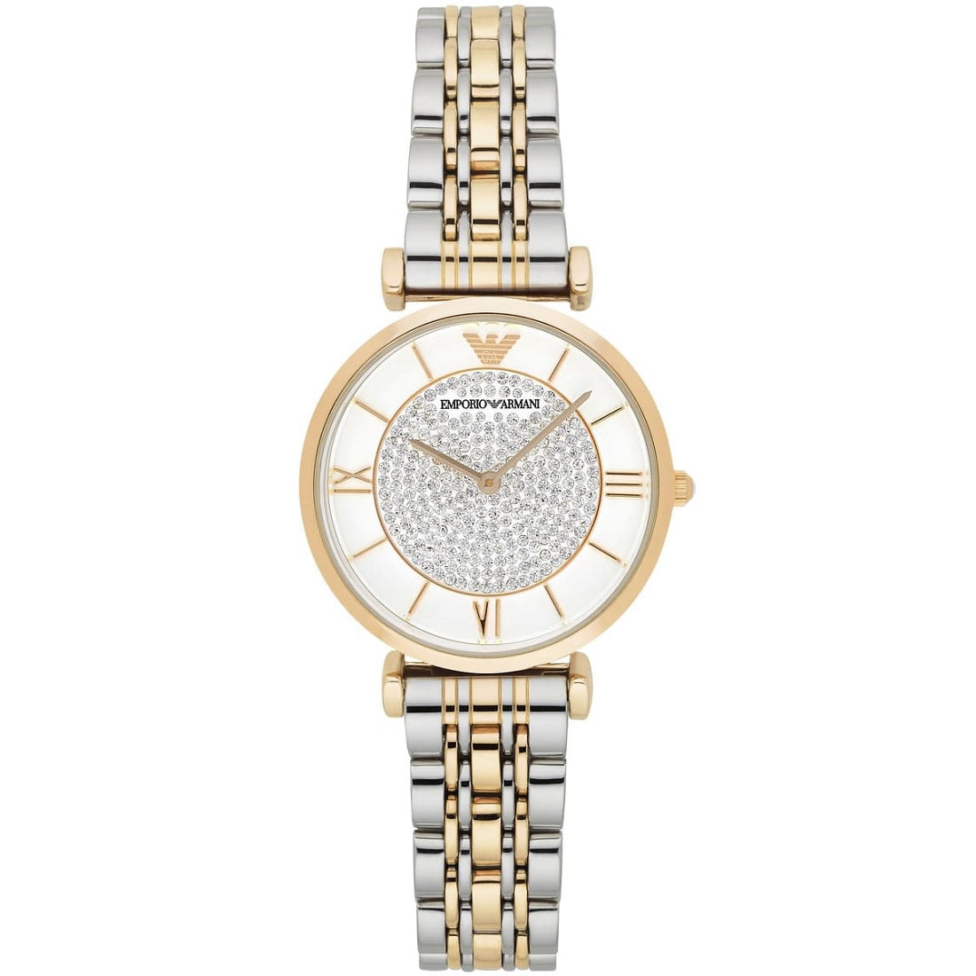 Emporio Armani AR8031 Gianni T-Bar two-tone watch front view with white crystal dial