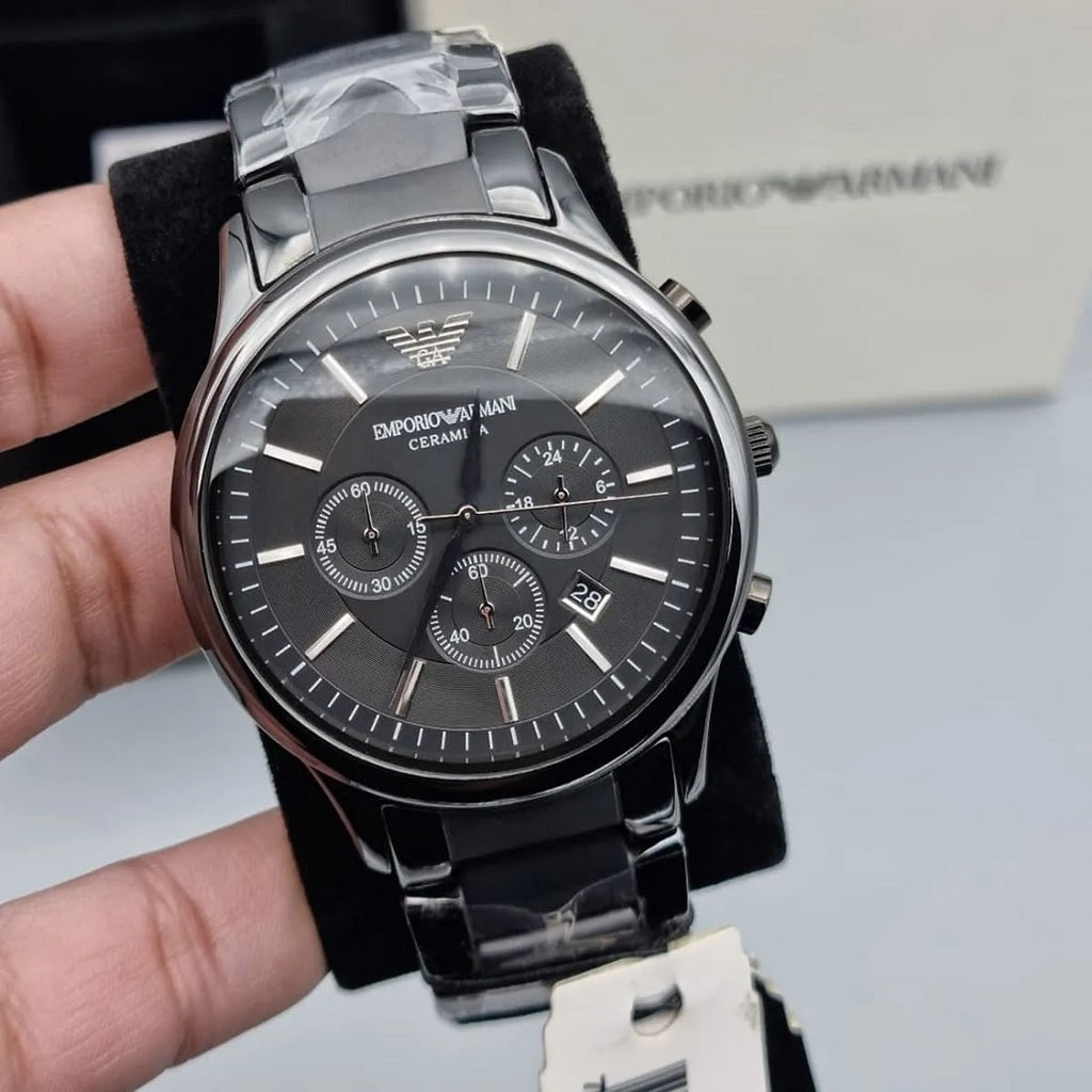 Emporio Armani men’s black ceramic chronograph watch detail