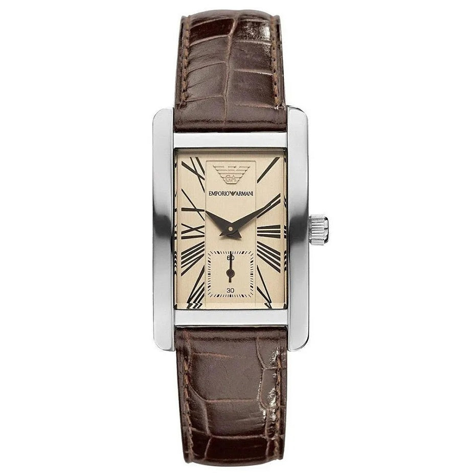 Emporio Armani AR0154 Classic rectangular watch front view with beige dial