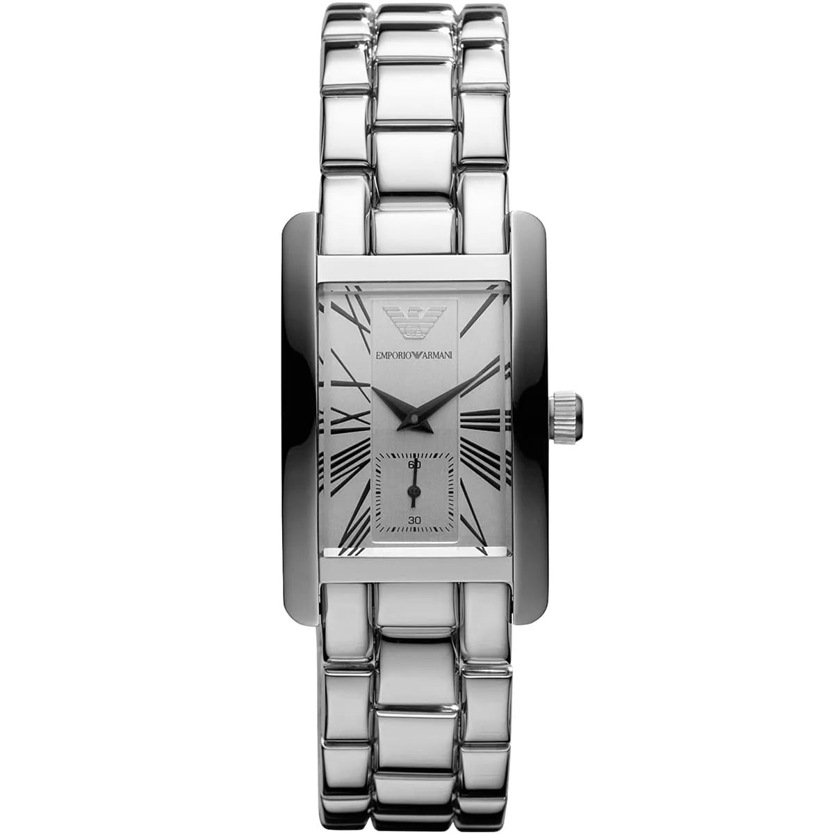 Emporio Armani AR0146 Classic women’s watch front view with rectangular silver case and white dial