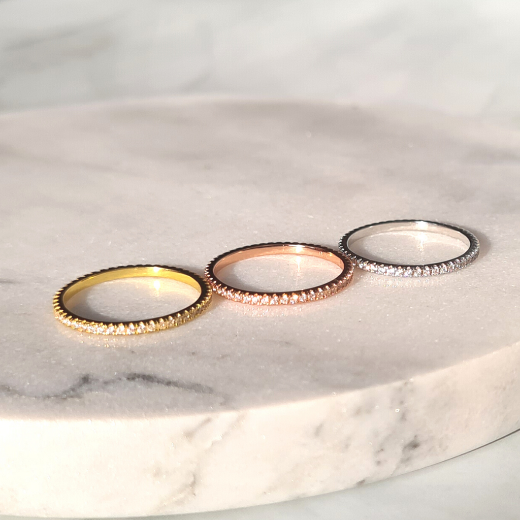 Slim eternity rings group image in silver gold and rose gold