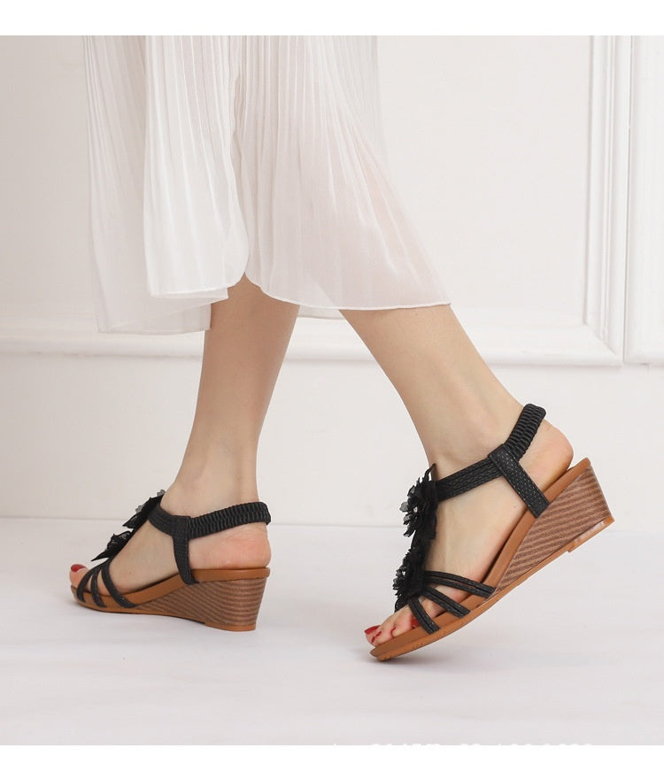 Kenike Roman wedge vacation sandals flower detail