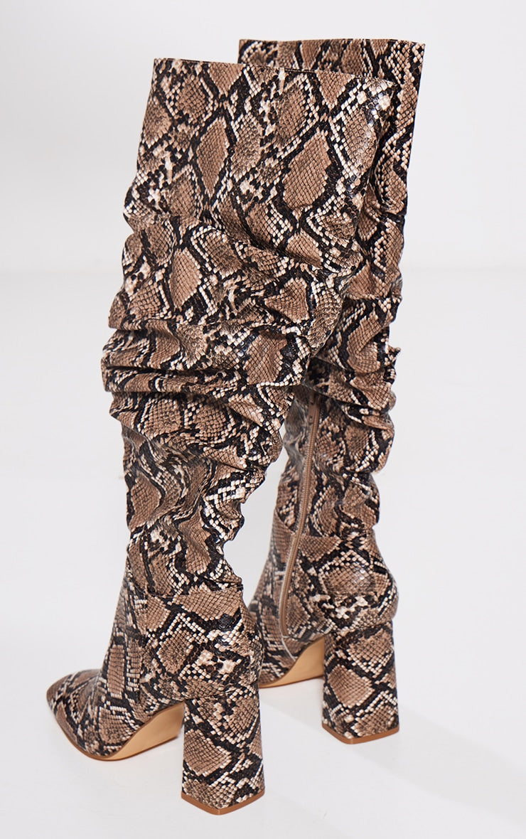 Kenike snake print knee high boots ruched shaft detail