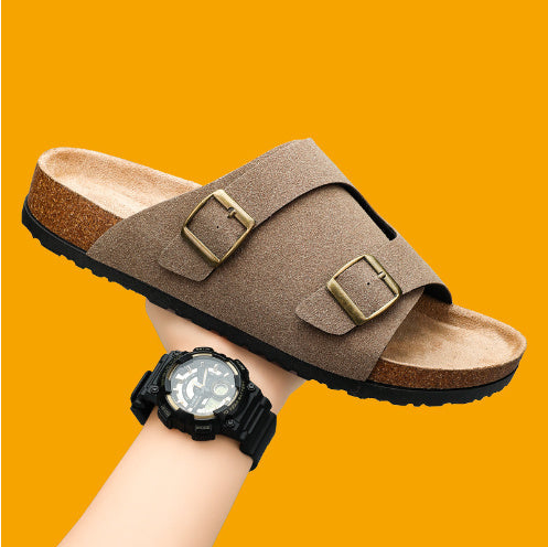 Kenike 821 khaki double-buckle cork suede sandals variant