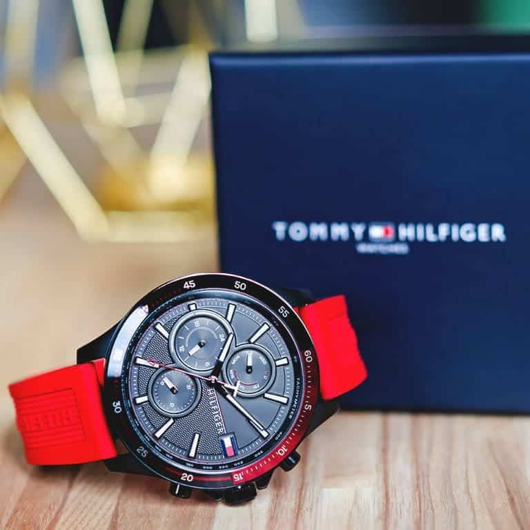 Tommy Hilfiger 1791722 black dial watch front view with box