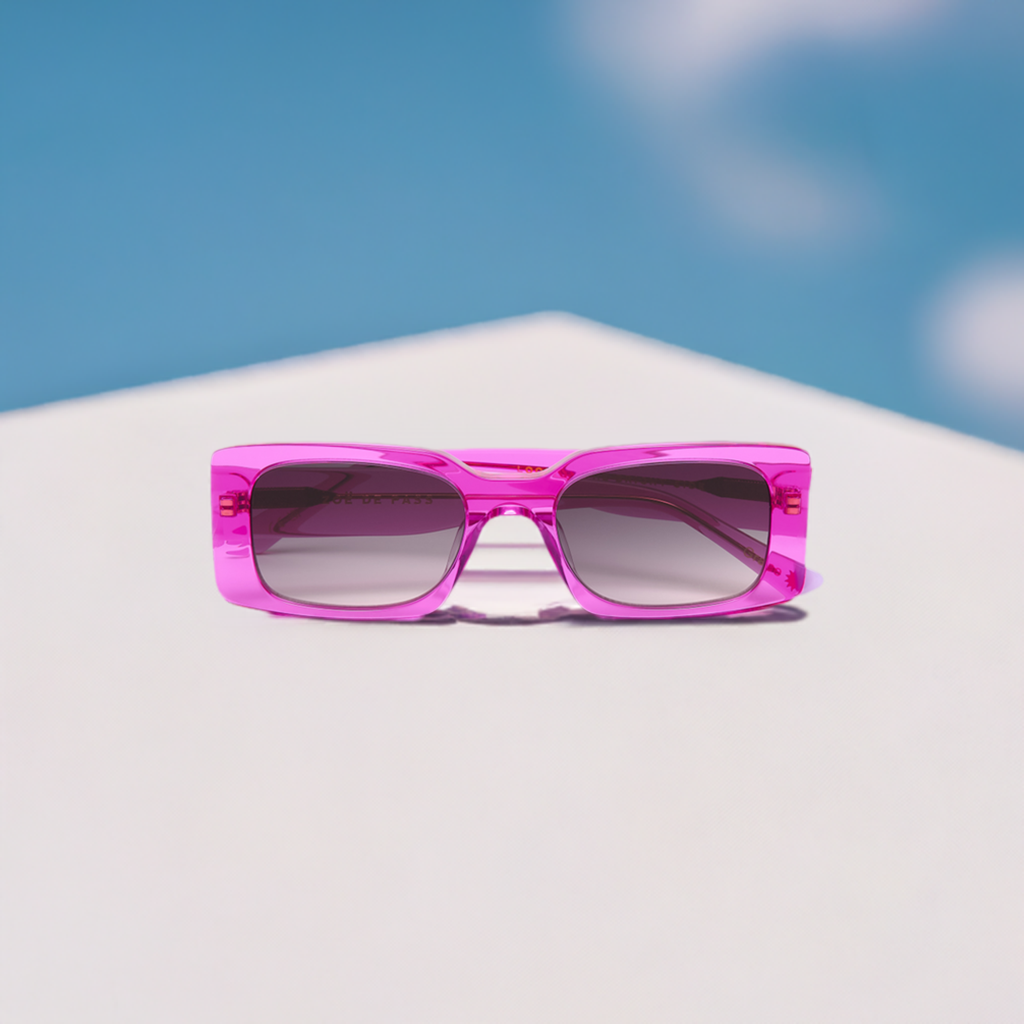 zoedepass Grace Fuchsia Pink sunglasses product and lifestyle collage image