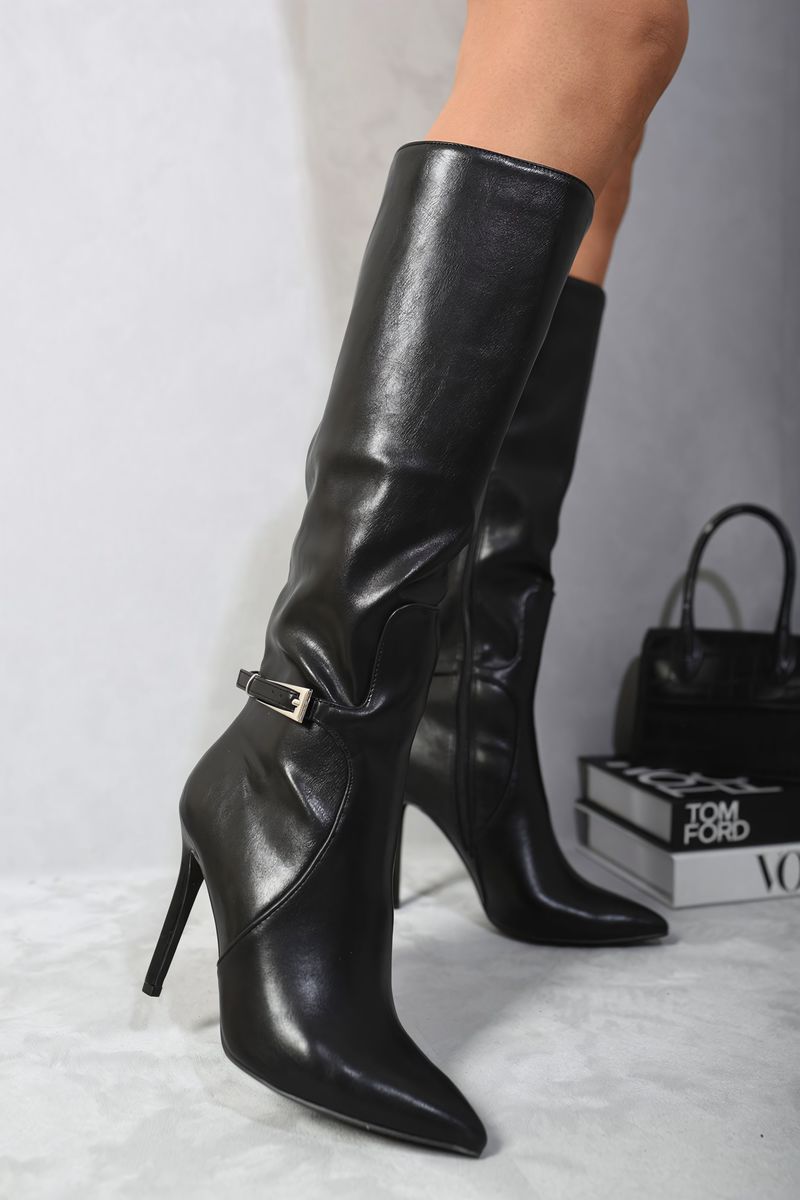 Kenike black side zip stiletto boots front view