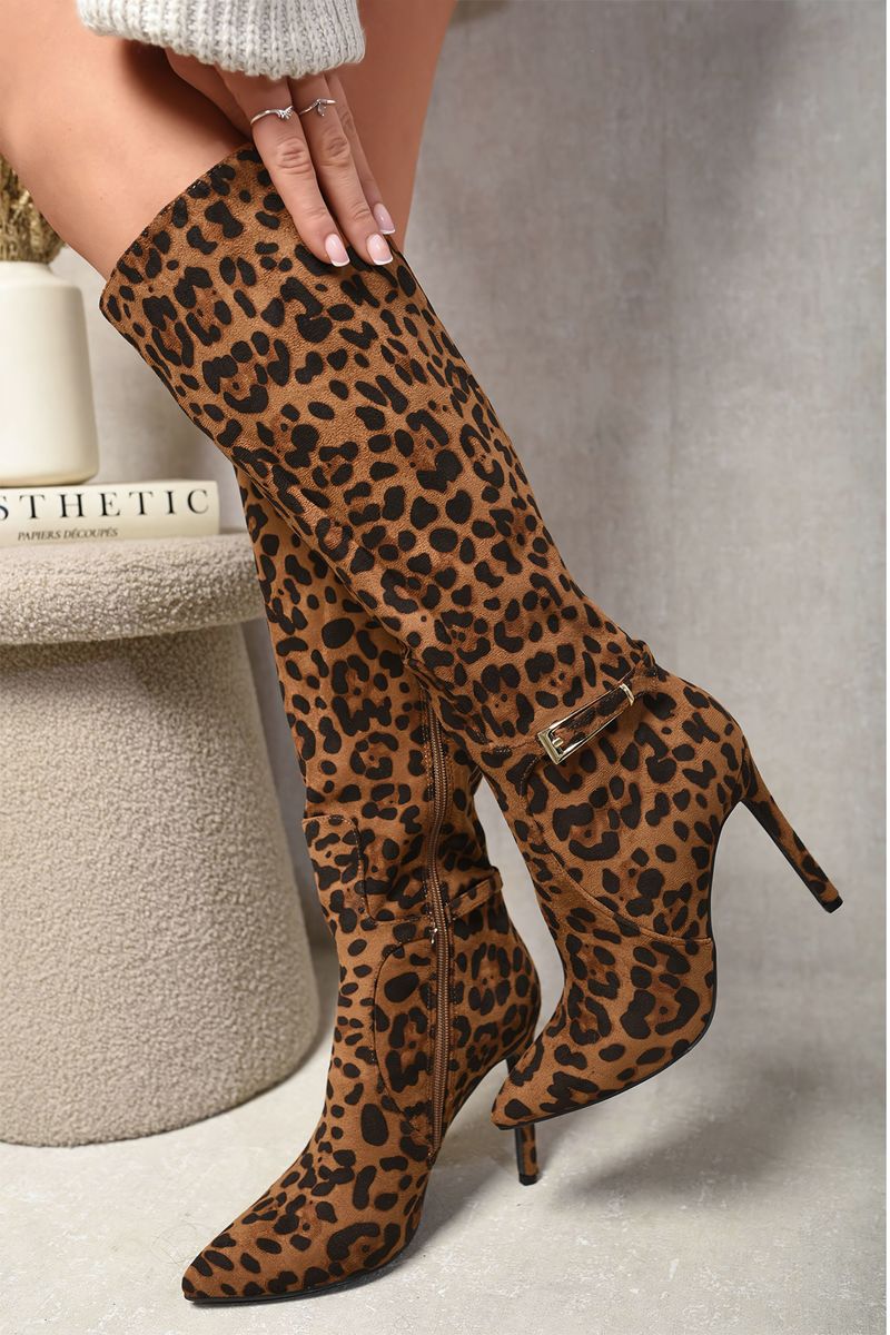 Kenike leopard side zip stiletto boots heel detail