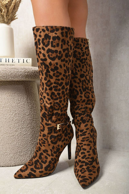 Kenike leopard side zip stiletto boots front view