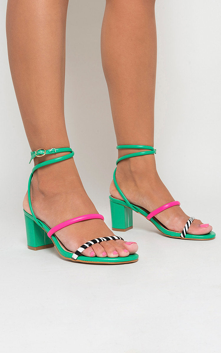 Kenike green ankle strap sandal heel detail