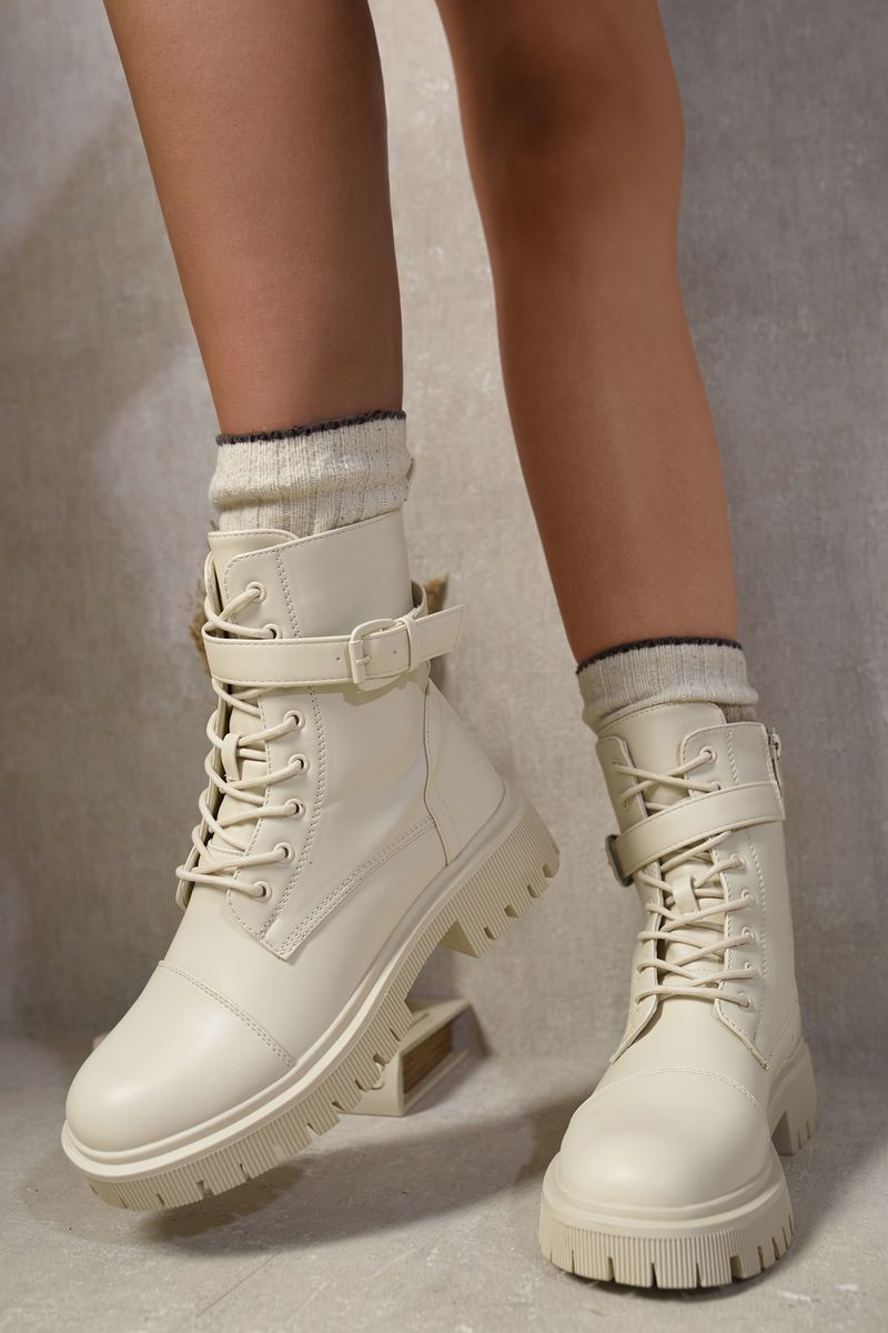 Kenike beige lace-up buckle chunky combat boots variant