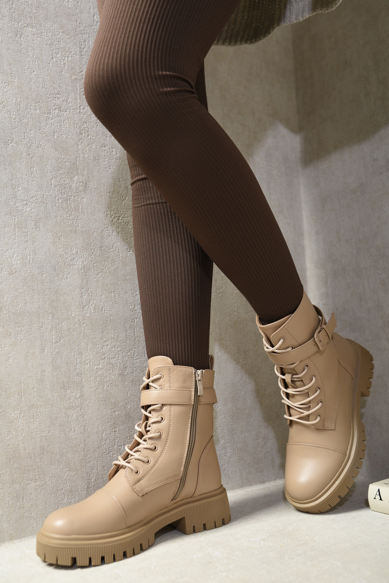 Kenike nude lace-up buckle chunky combat boots front view