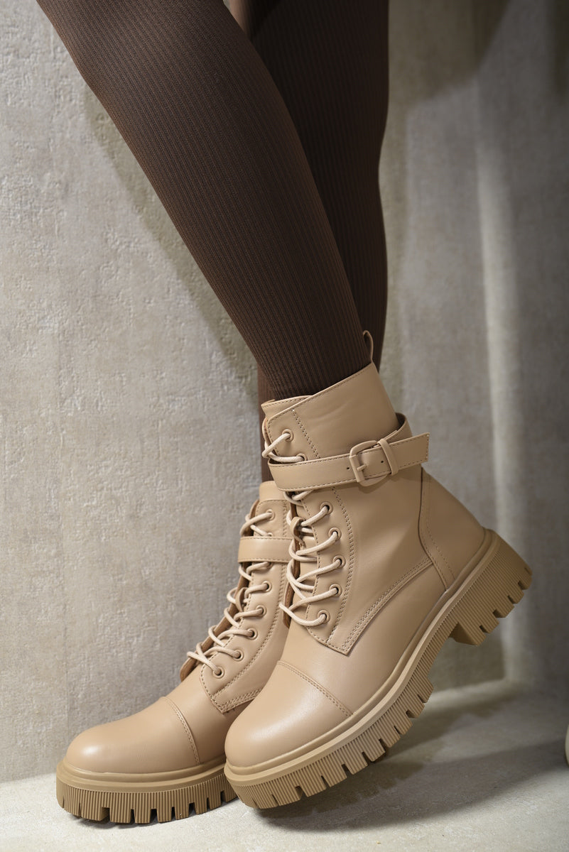 Kenike nude chunky combat boots lace-up side profile