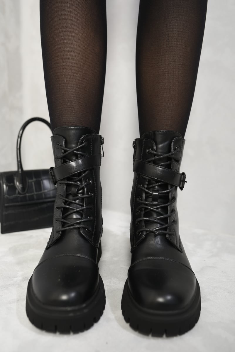 Kenike black lace-up buckle chunky combat boots front view