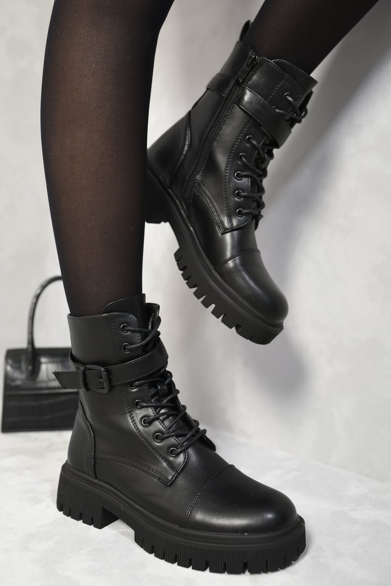 Kenike black chunky combat boots side profile