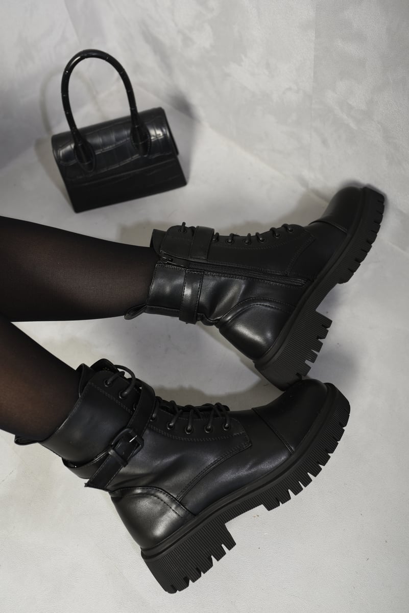 Kenike black lace-up buckle chunky combat boots variant