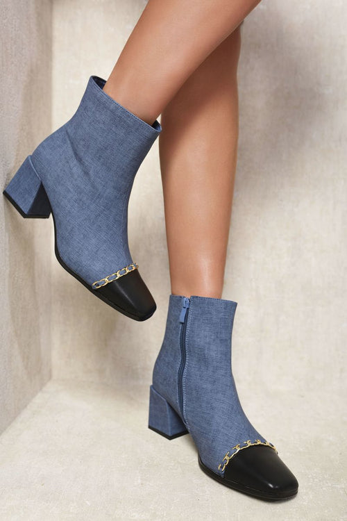 Kenike blue two tone side zip block heel ankle boots front view