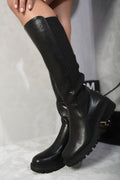Kenike black zip-up knee high boots angled view