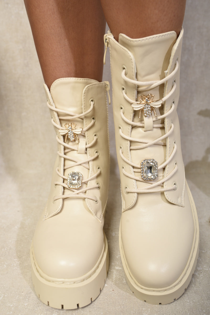 Kenike beige zip lace-up chunky biker boots front view