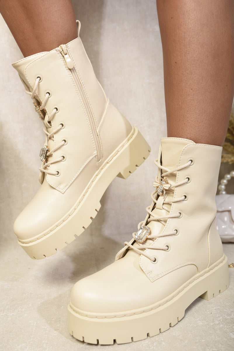 Kenike beige biker boots lace-up and side zip detail