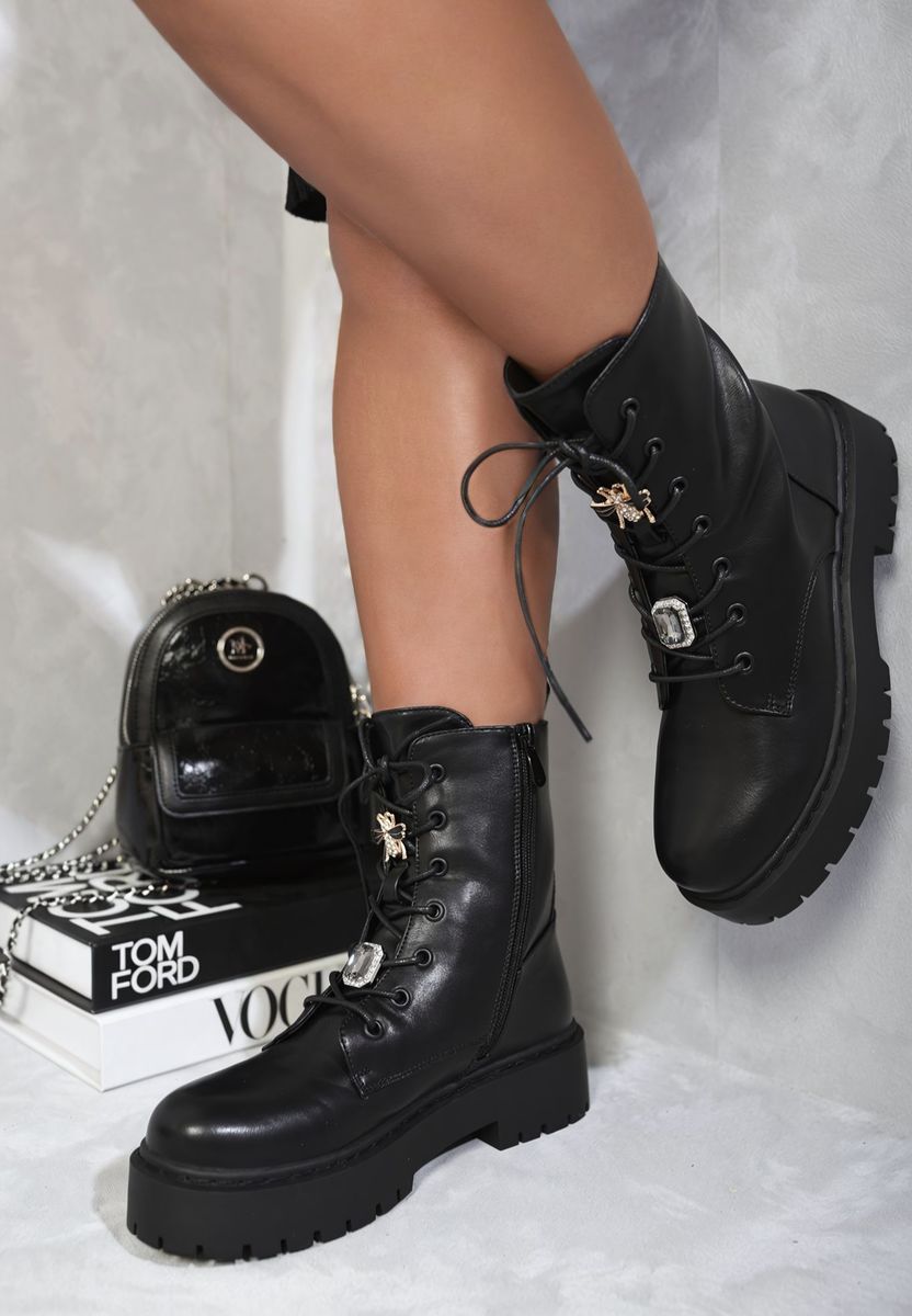 Kenike black biker boots side zip and lace detail
