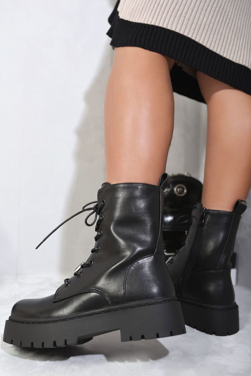 Kenike black zip lace-up chunky biker boots variant