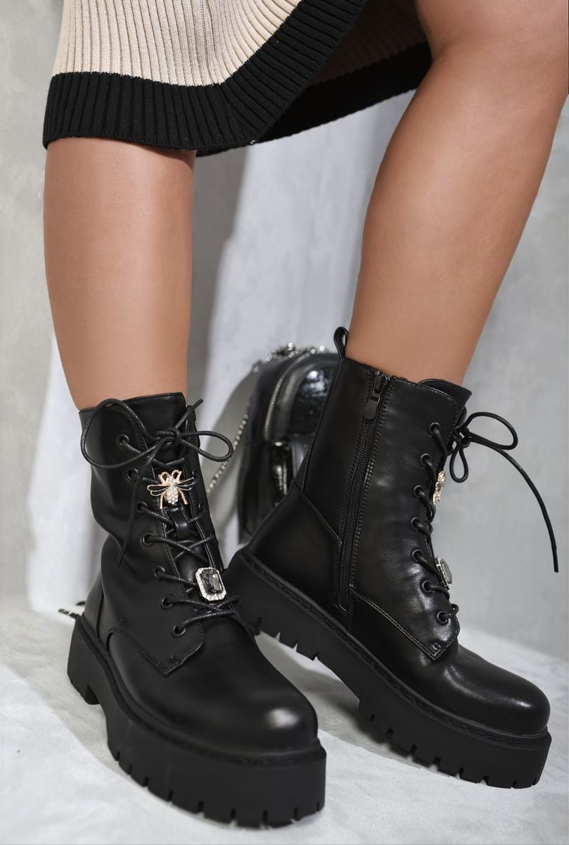 Kenike black zip lace-up chunky biker boots front view