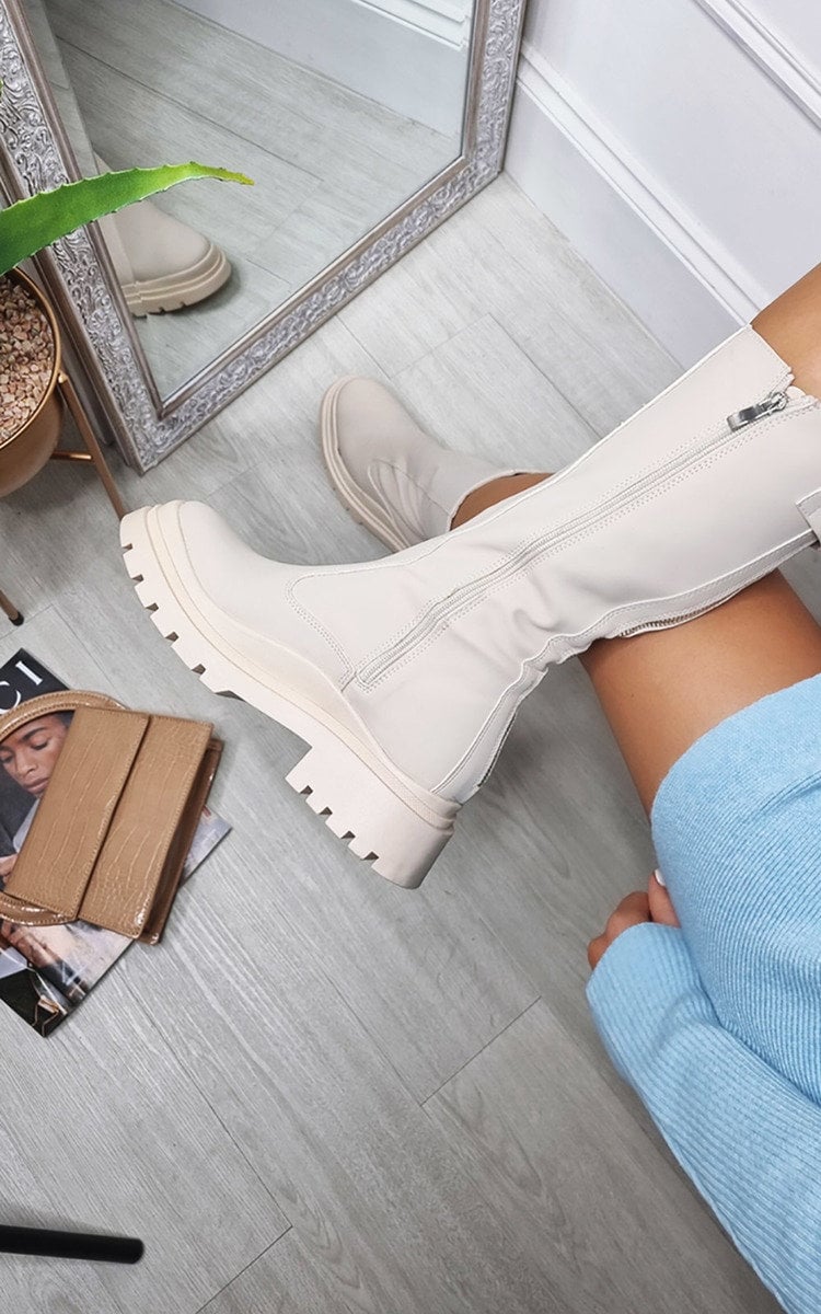 Kenike cream faux leather chunky platform boots variant