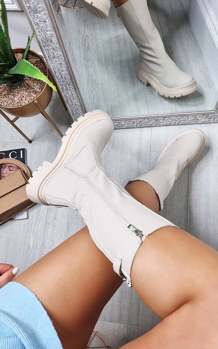 Kenike cream faux leather chunky platform boots front view