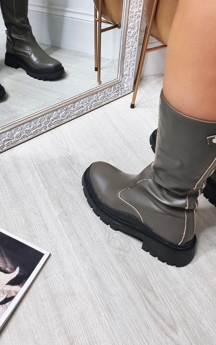 Kenike khaki faux leather platform boots zip detail