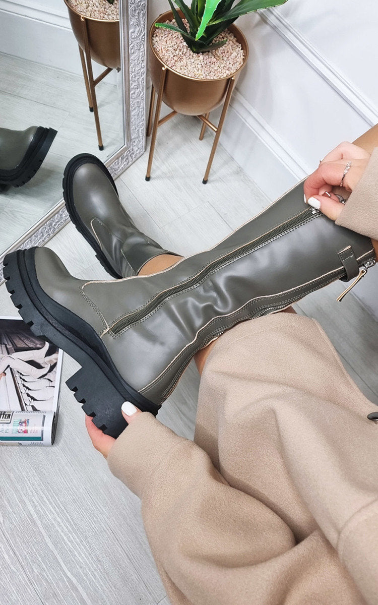 Kenike khaki chunky platform boots side profile